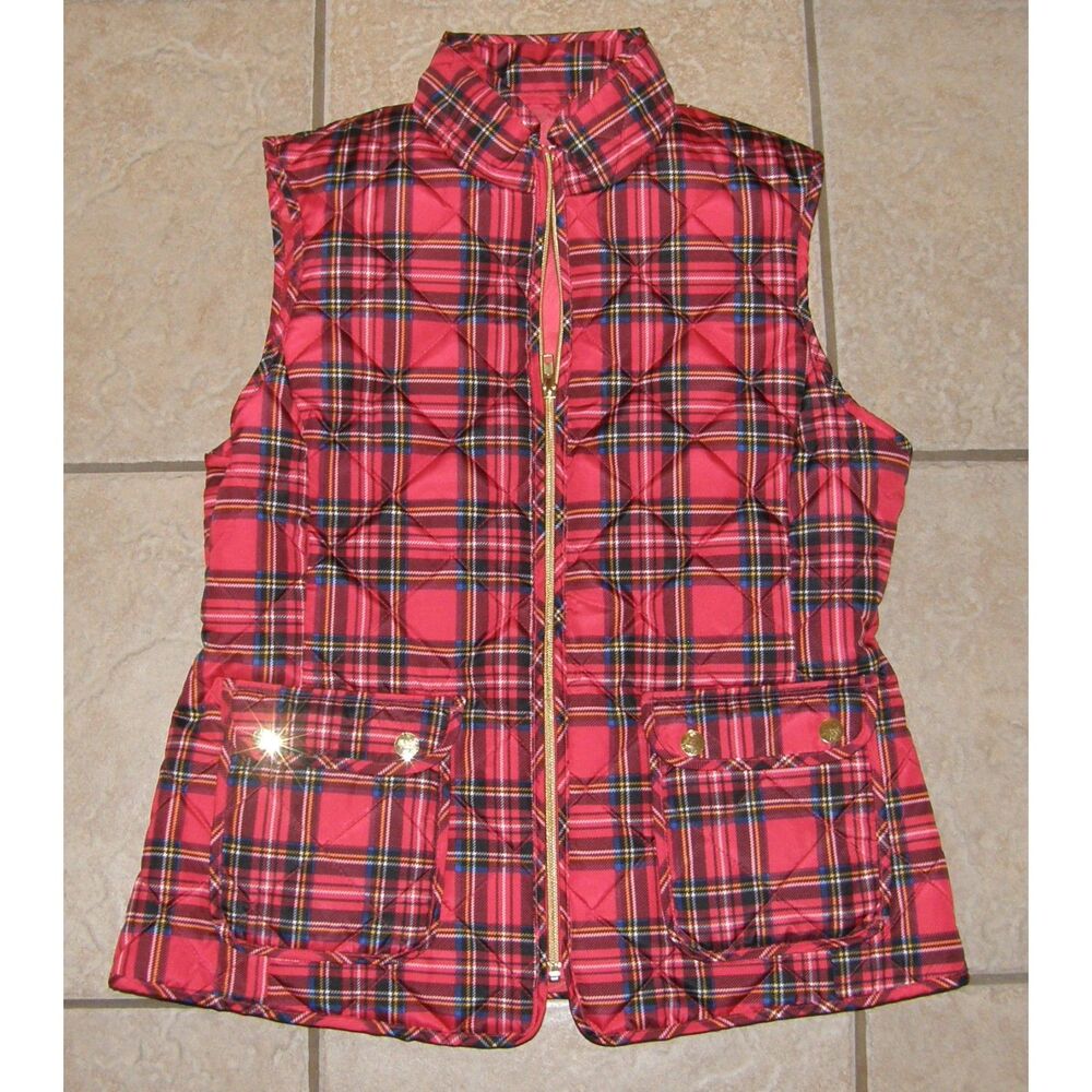 Quilted Red Plaid Sz Small Casual Wear Full Zip Vest Front Pockets ST JOHNS BAY